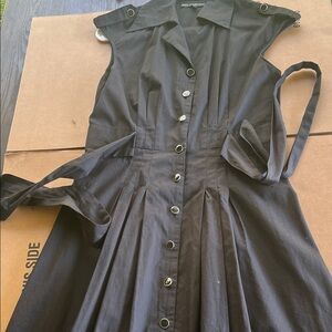 Mlle Gabrielle Black Sleeveless Button-Front Midi Dress with Waist Tie